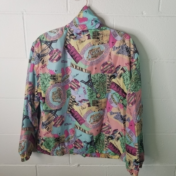 Mureli Vtg 80s silk bomber travel map jacket - Picture 2 of 10